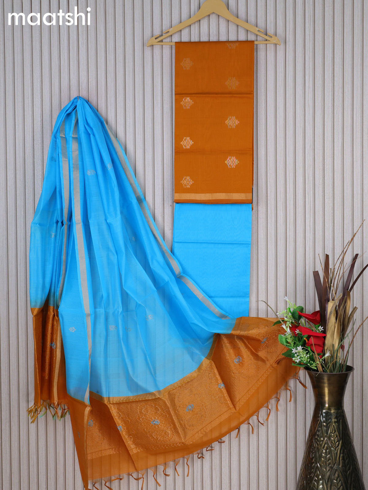 Silk cotton dress material mustard yellow and light blue with zari woven buttas and bottom & zari dupatta