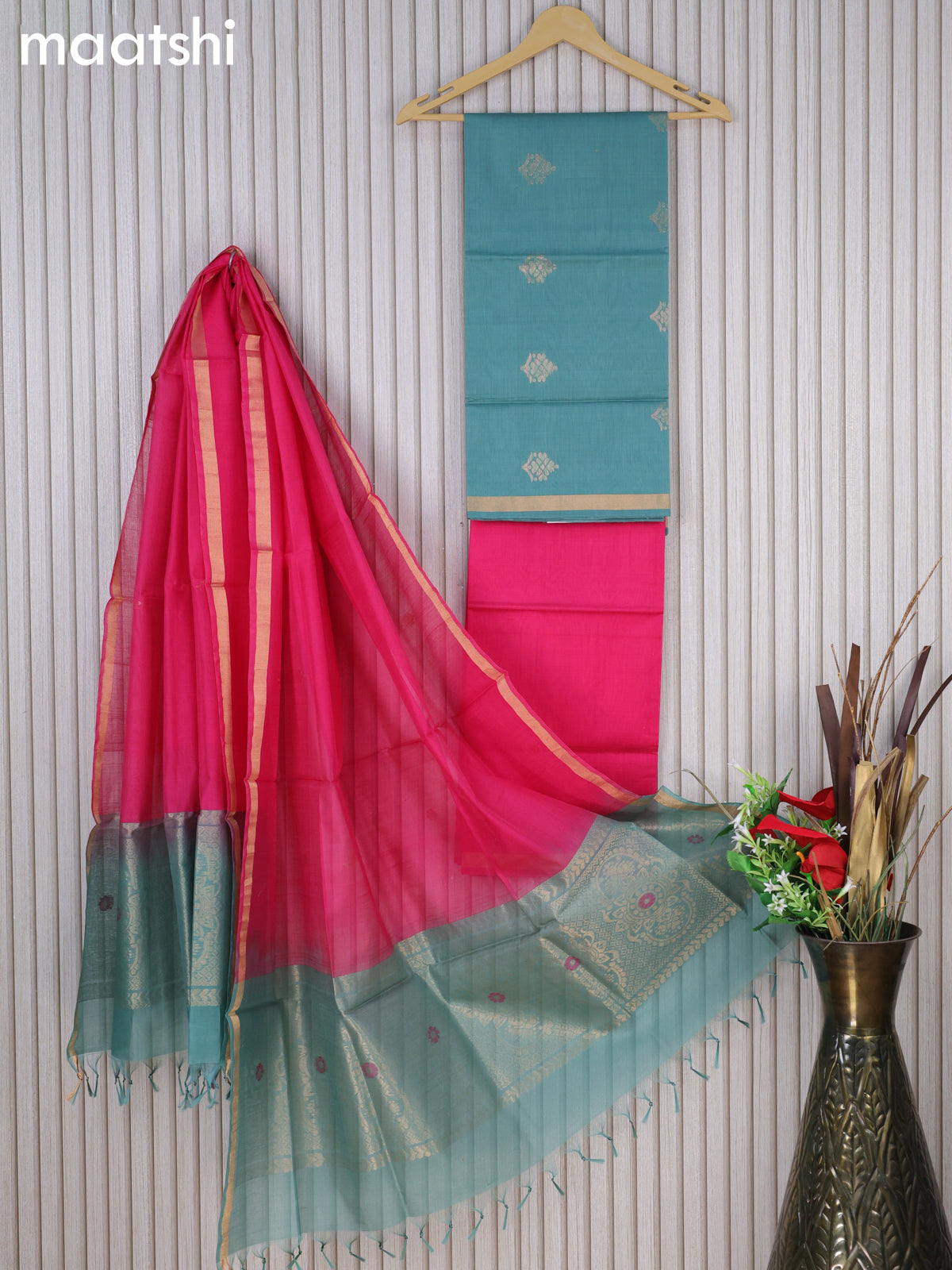 Silk cotton dress material pastel blue shade and pink with zari woven buttas and bottom & zari dupatta