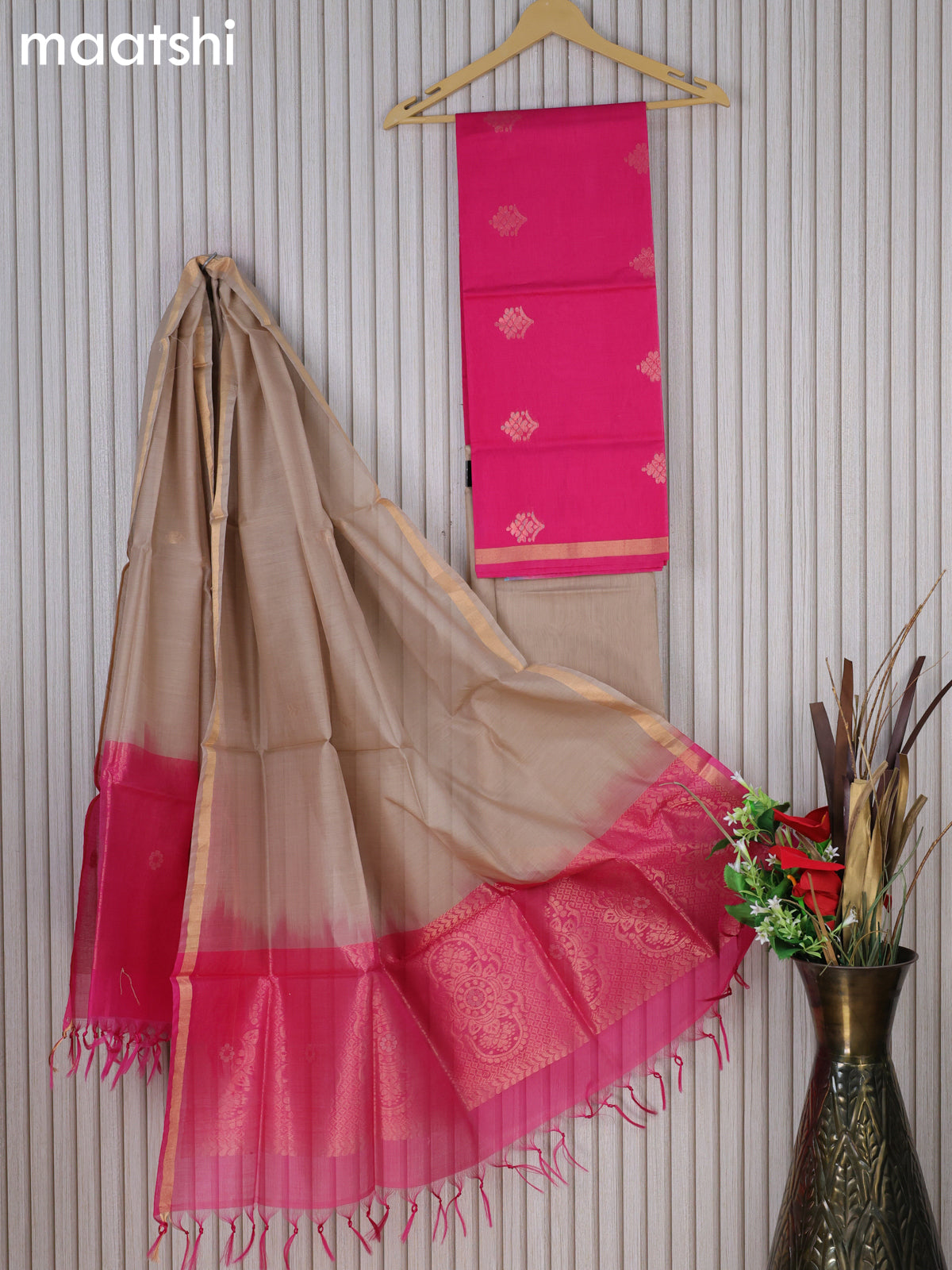 Silk cotton dress material pink and beige with zari woven buttas and bottom & zari dupatta