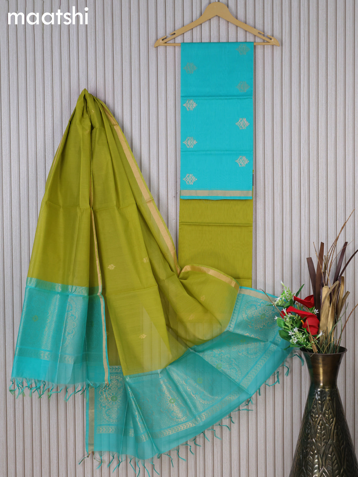 Silk cotton dress material teal blue and light green with zari woven buttas and bottom & zari dupatta