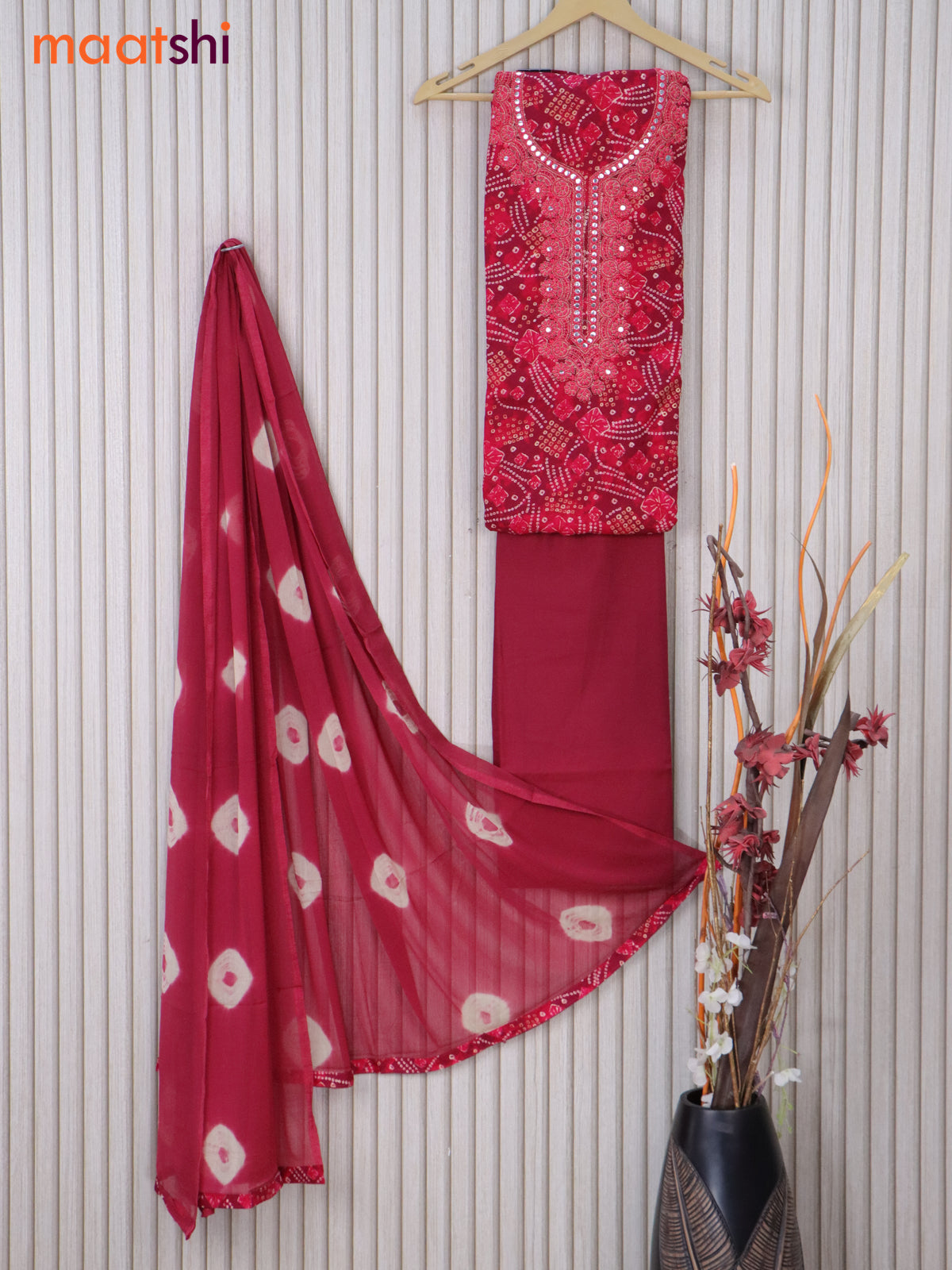 Cotton dress material pink with allover bandhani prints & embroidery mirror work neck pattern and bottom & printed dupatta