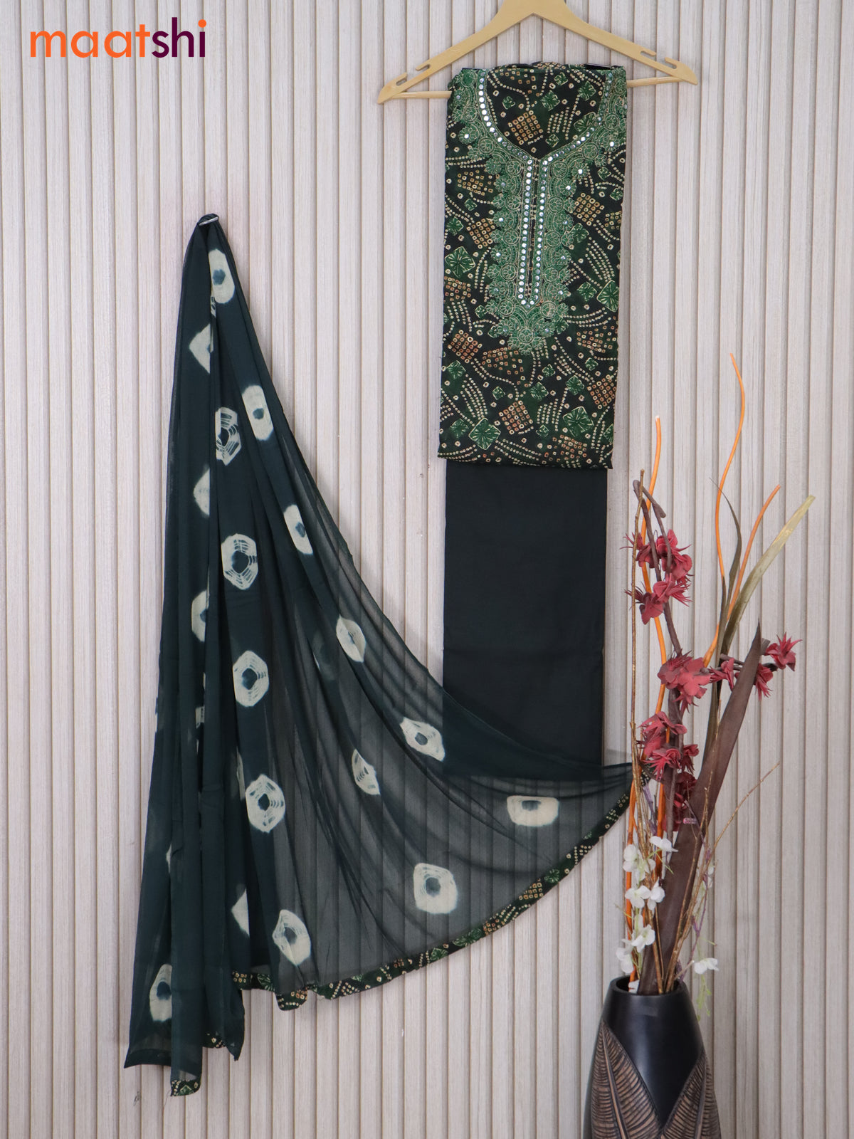 Cotton dress material dark green with allover bandhani prints & embroidery mirror work neck pattern and bottom & printed dupatta