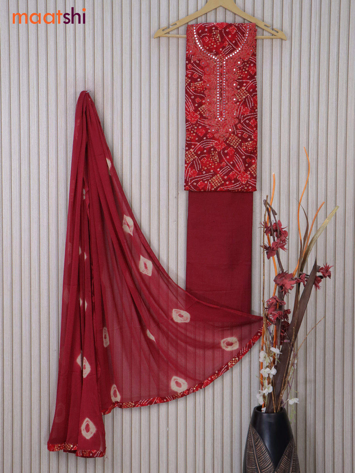 Cotton dress material red with allover bandhani prints & embroidery mirror work neck pattern and bottom & printed dupatta