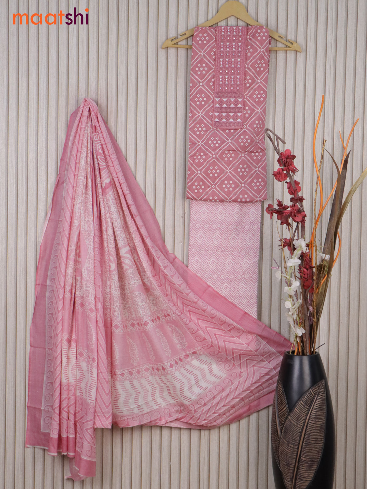 Cotton dress material pastel pink and off white with allover bandhani prints & embroidery mirror work neck pattern and bottom & printed dupatta