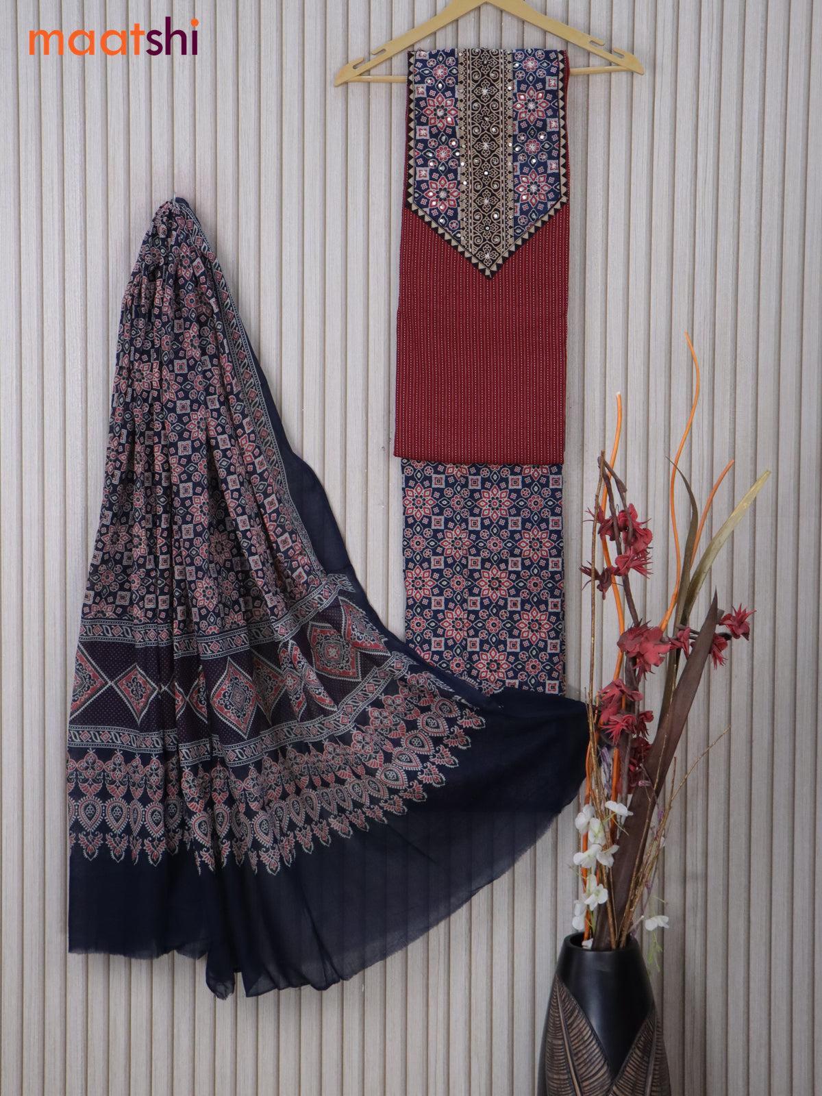 Cotton dress material maroon and dark blue with allover thread weaves & ajrakh prints neck pattern and bottom & ajrakh printed dupatta