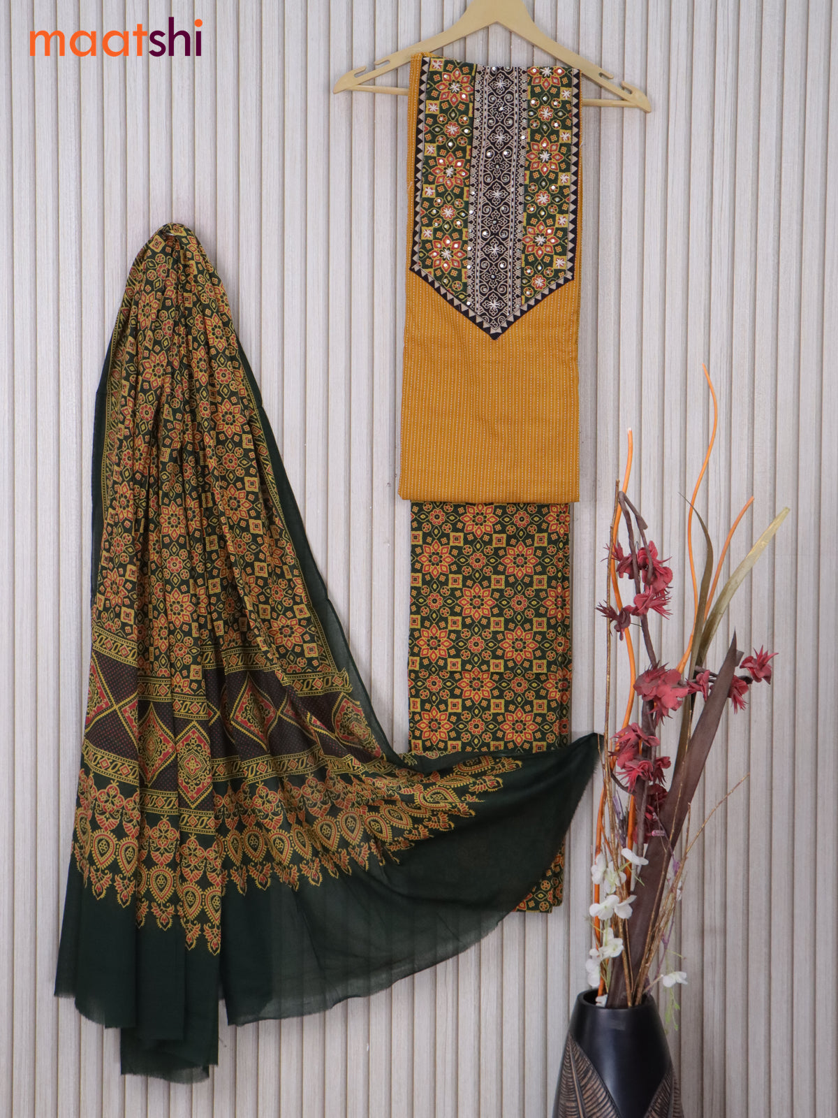 Cotton dress material mustard yellow and dark green with allover thread weaves & ajrakh prints neck pattern and bottom & ajrakh printed dupatta