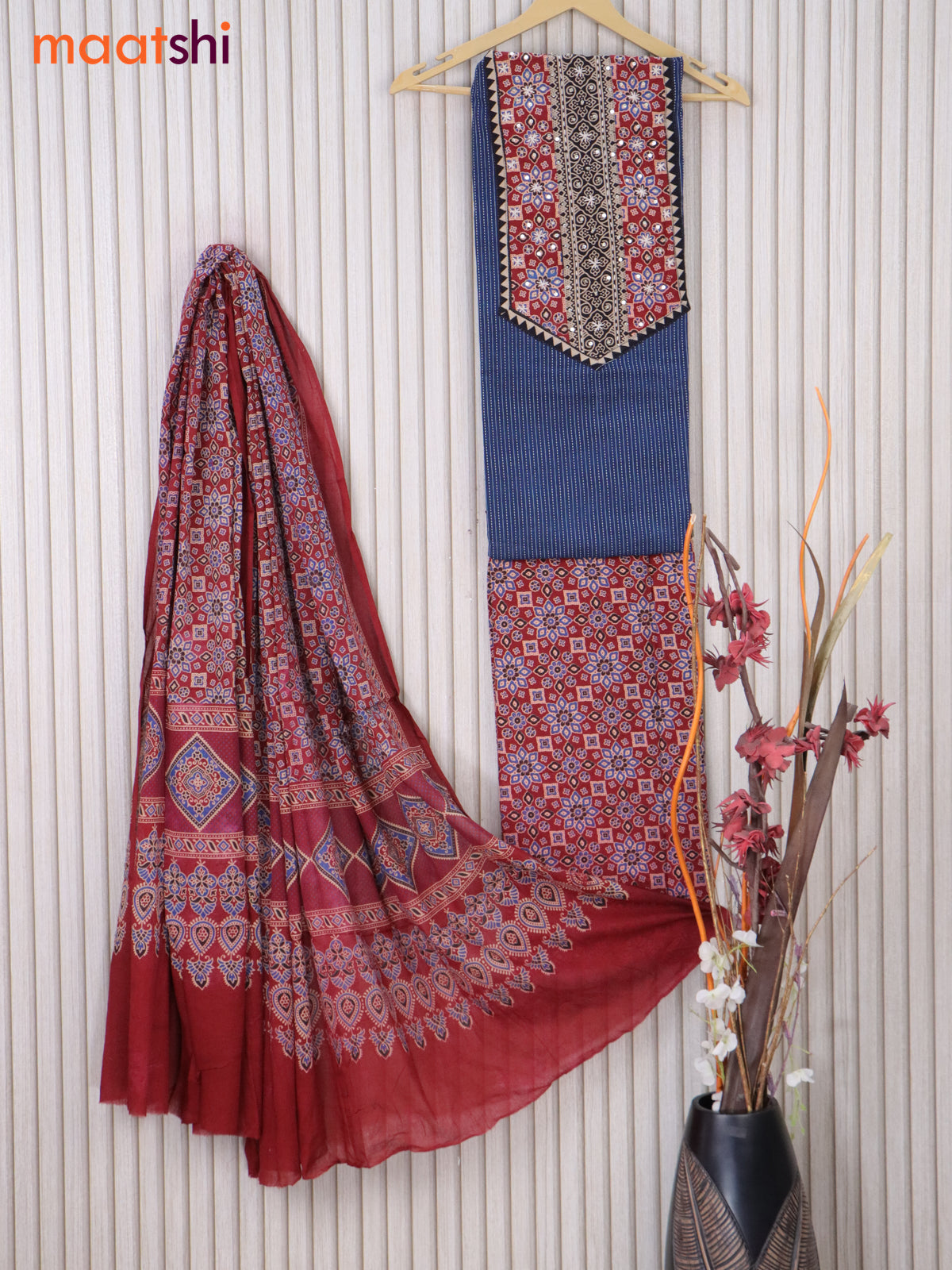 Cotton dress material blue and maroon with allover thread weaves & ajrakh prints neck pattern and bottom & ajrakh printed dupatta