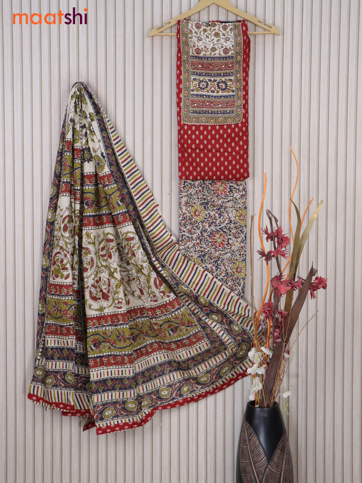 Cotton dress material red and cream with allover butta prints & mirror work neck pattern and bottom & cotton dupatta