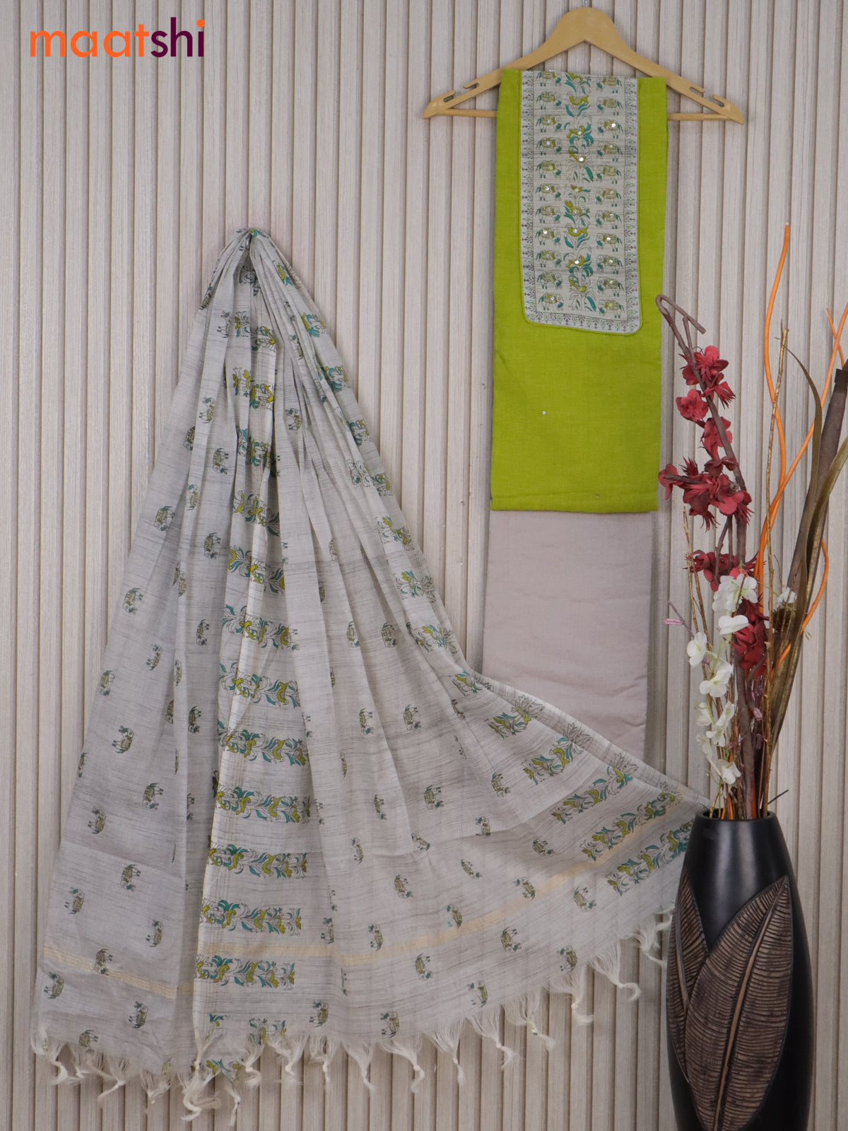 Cotton dress material fluorescent green and off white with mirror work & printed neck pattern and bottom & printed dupatta