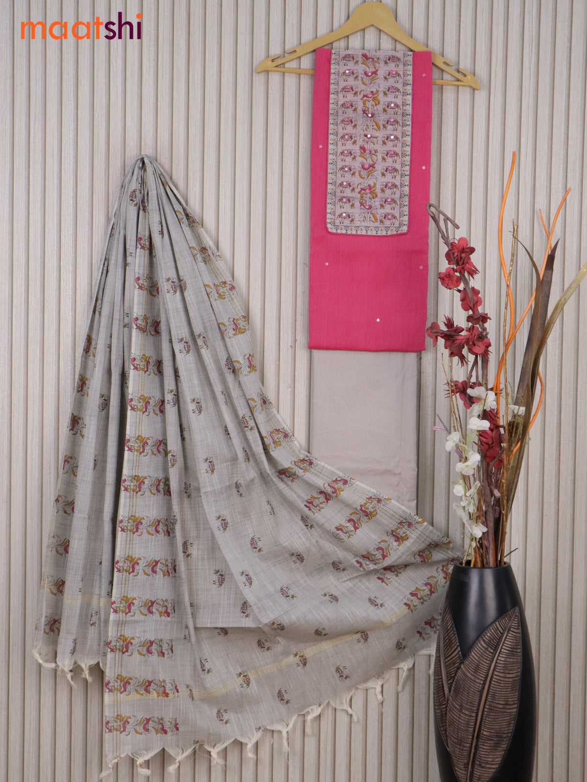 Cotton dress material pink and off white with mirror work & printed neck pattern and bottom & printed dupatta