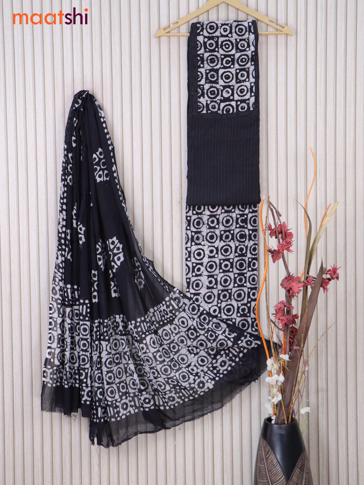 Cotton dress material black and off white with allover thread weaves & batik print neck pattern and bottom & cotton dupatta