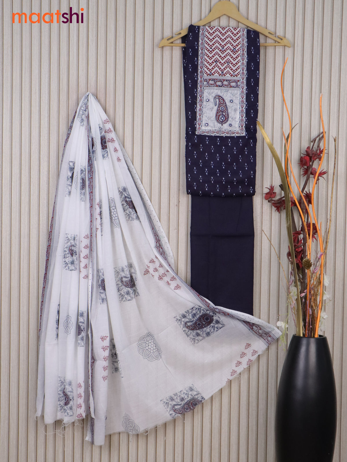 Cotton dress material dark blue and off white with butta prints & patch work neck pattern and bottom & cotton dupatta