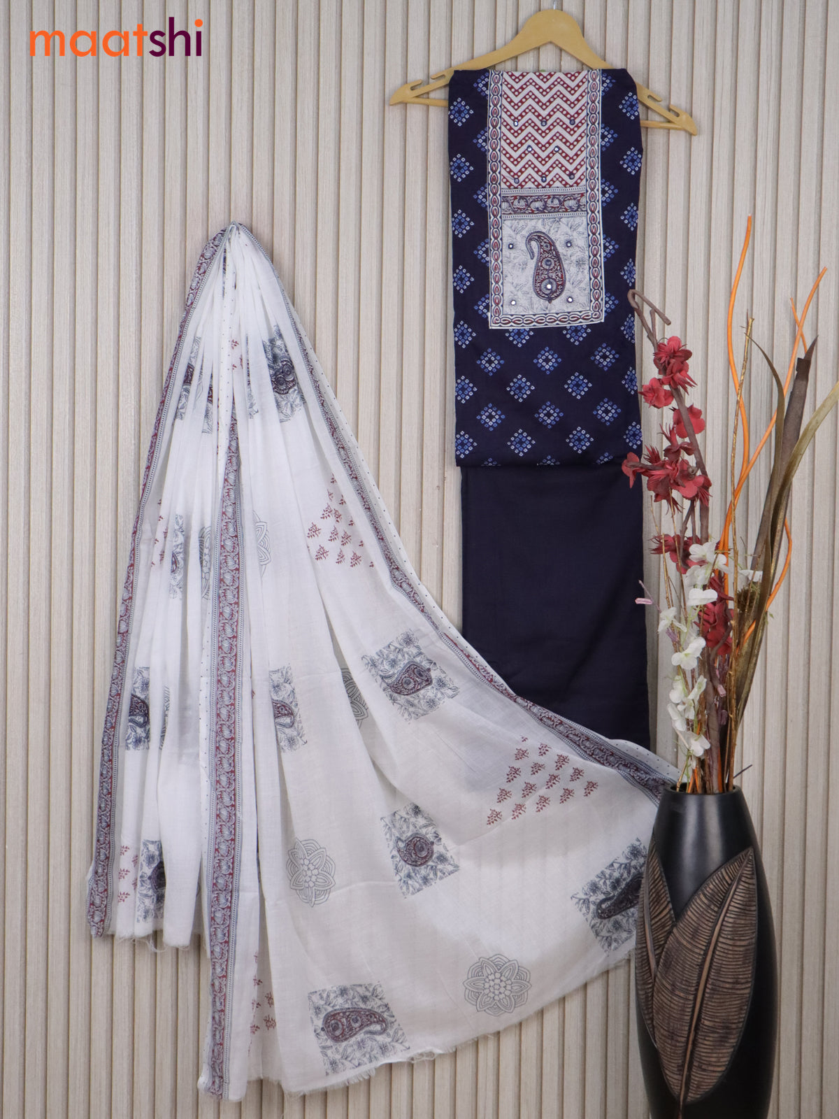 Cotton dress material blue and off white with bandhani prints & patch work neck pattern and bottom & printed dupatta