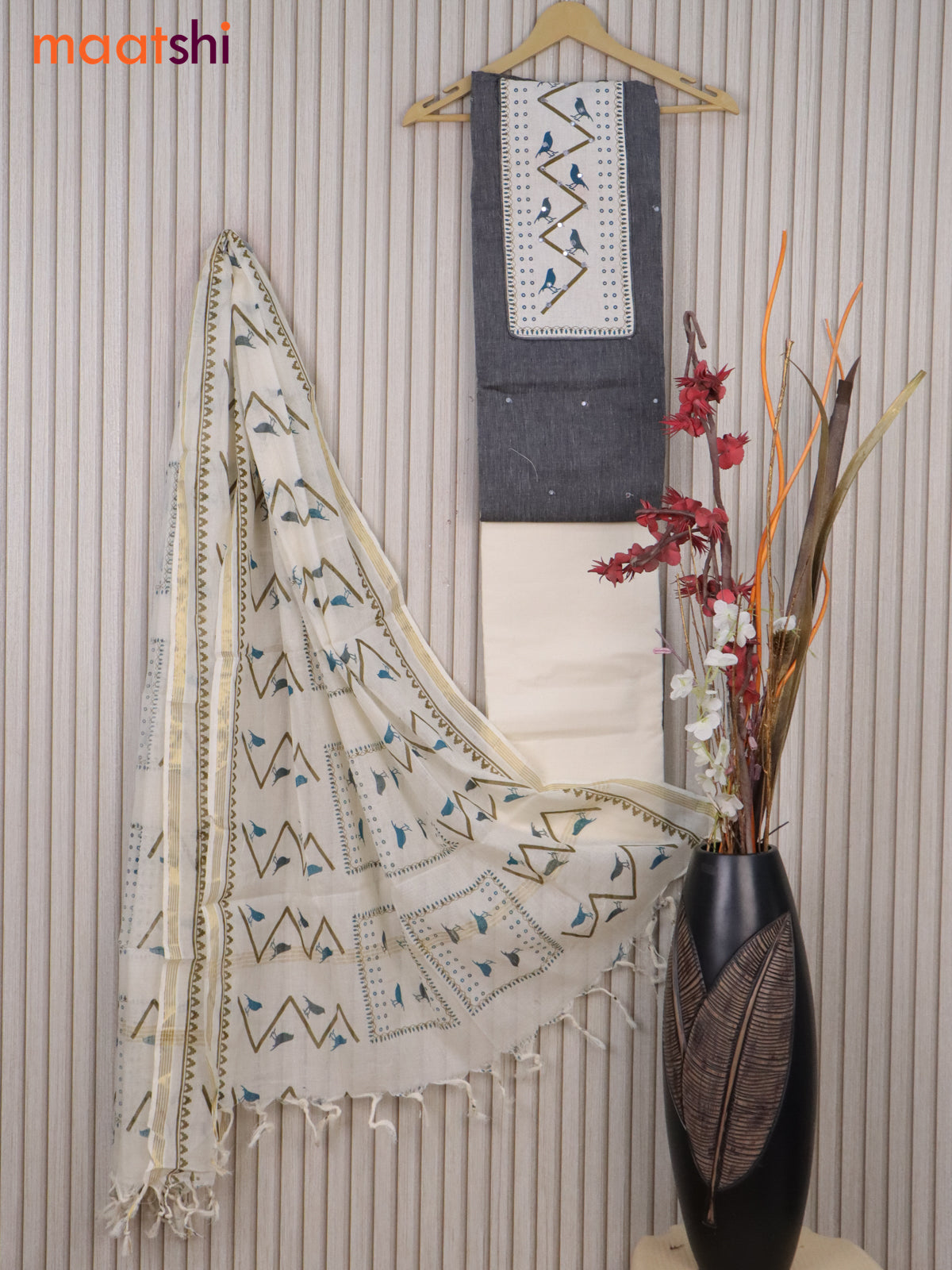 Cotton dress material dark grey and off white with mirror work & printed neck pattern and bottom & printed dupatta