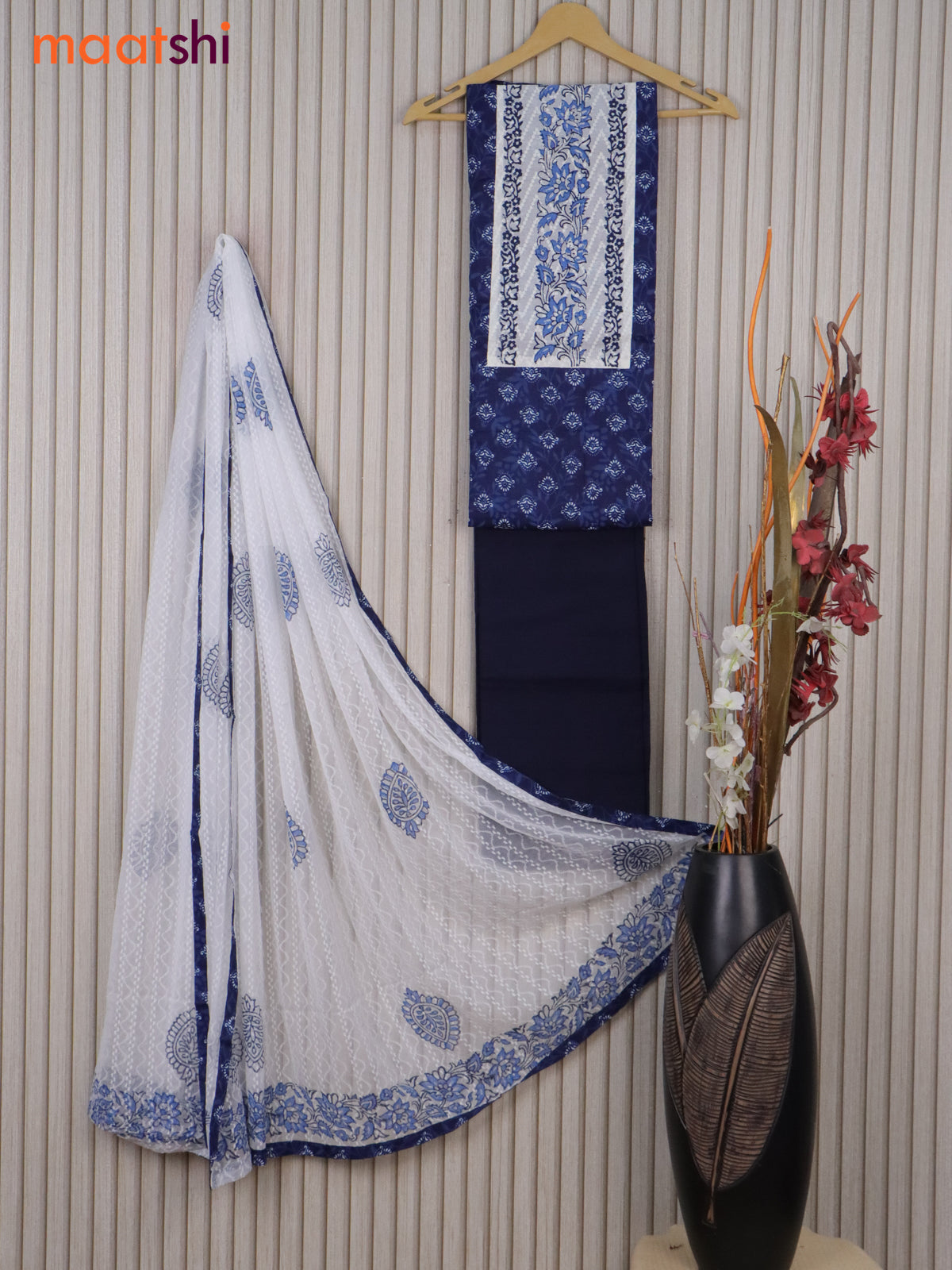 Cotton dress material blue and off white with butta prints & embroidery work neck pattern and bottom & chiffon dupatta