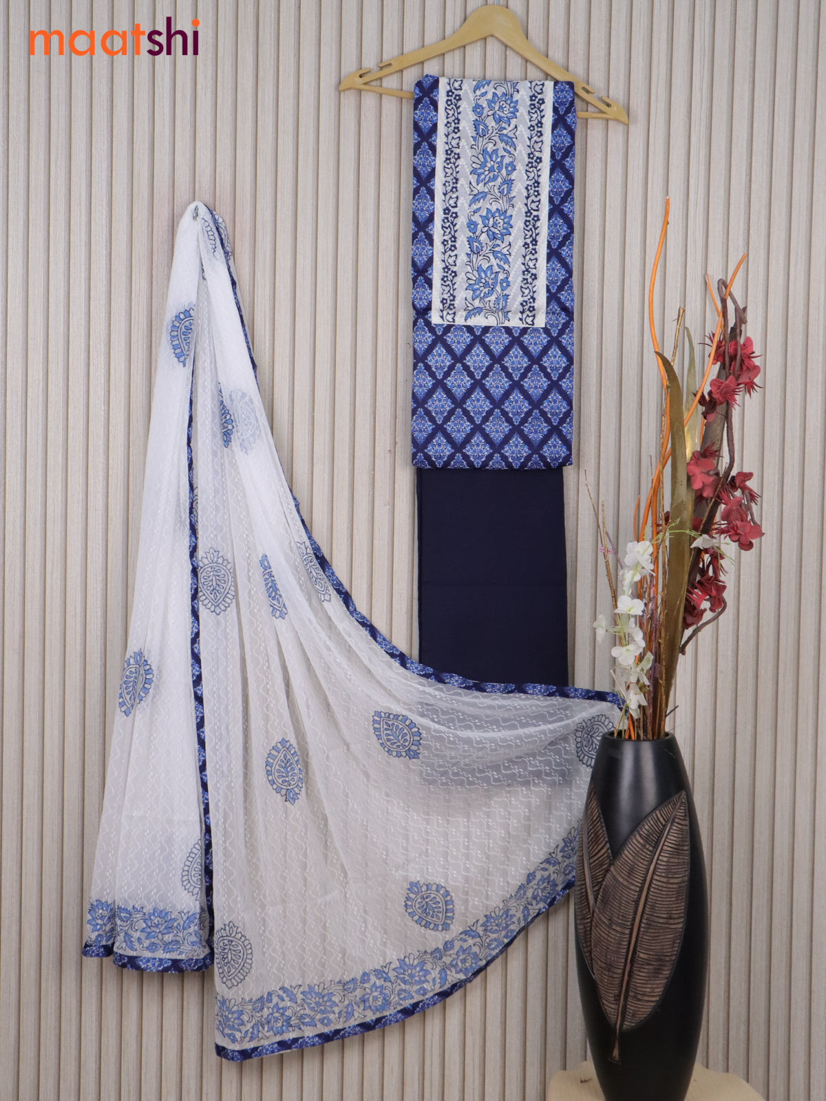 Cotton dress material dark blue and off white with butta prints & embroidery work neck pattern and bottom & chiffon dupatta