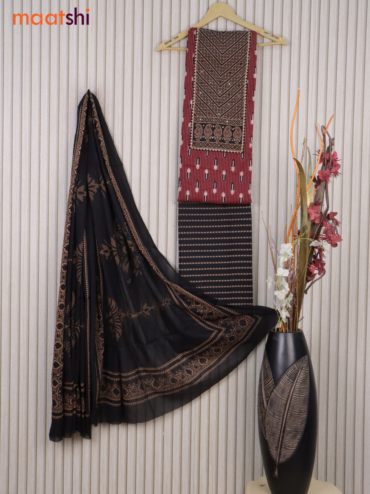 Cotton dress material maroon and black with allover thread weaves & printed neck pattern and bottom & cotton dupatta