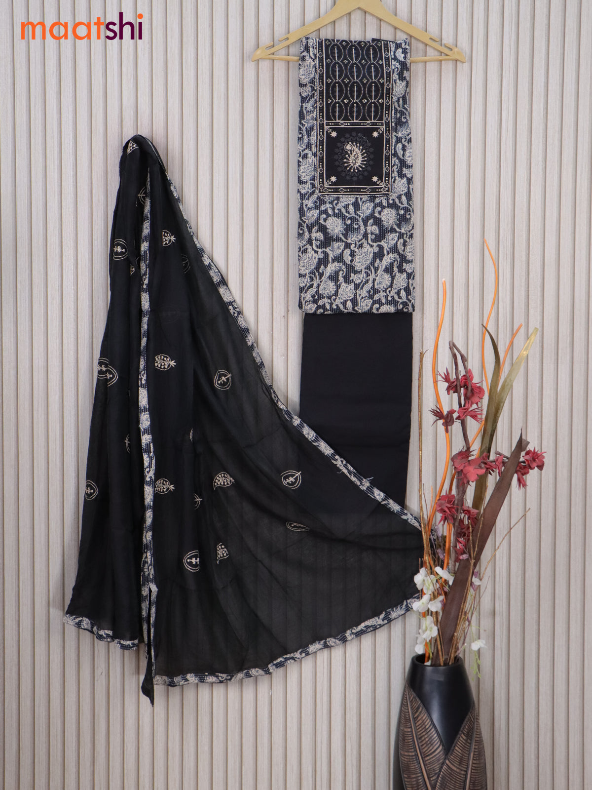 Cotton dress material black with allover thread weaves & floral prints and bottom & embroidery work dupatta