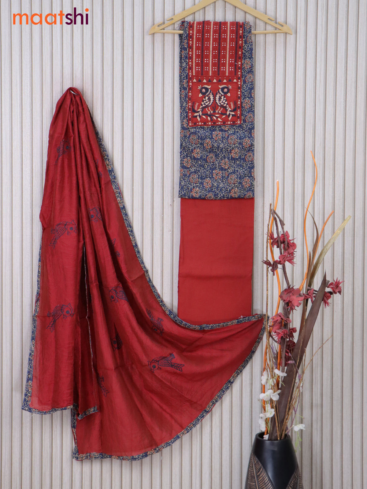 Cotton dress material blue and red with allover thread weaves & kalamkari prints and bottom & embroidery work dupatta