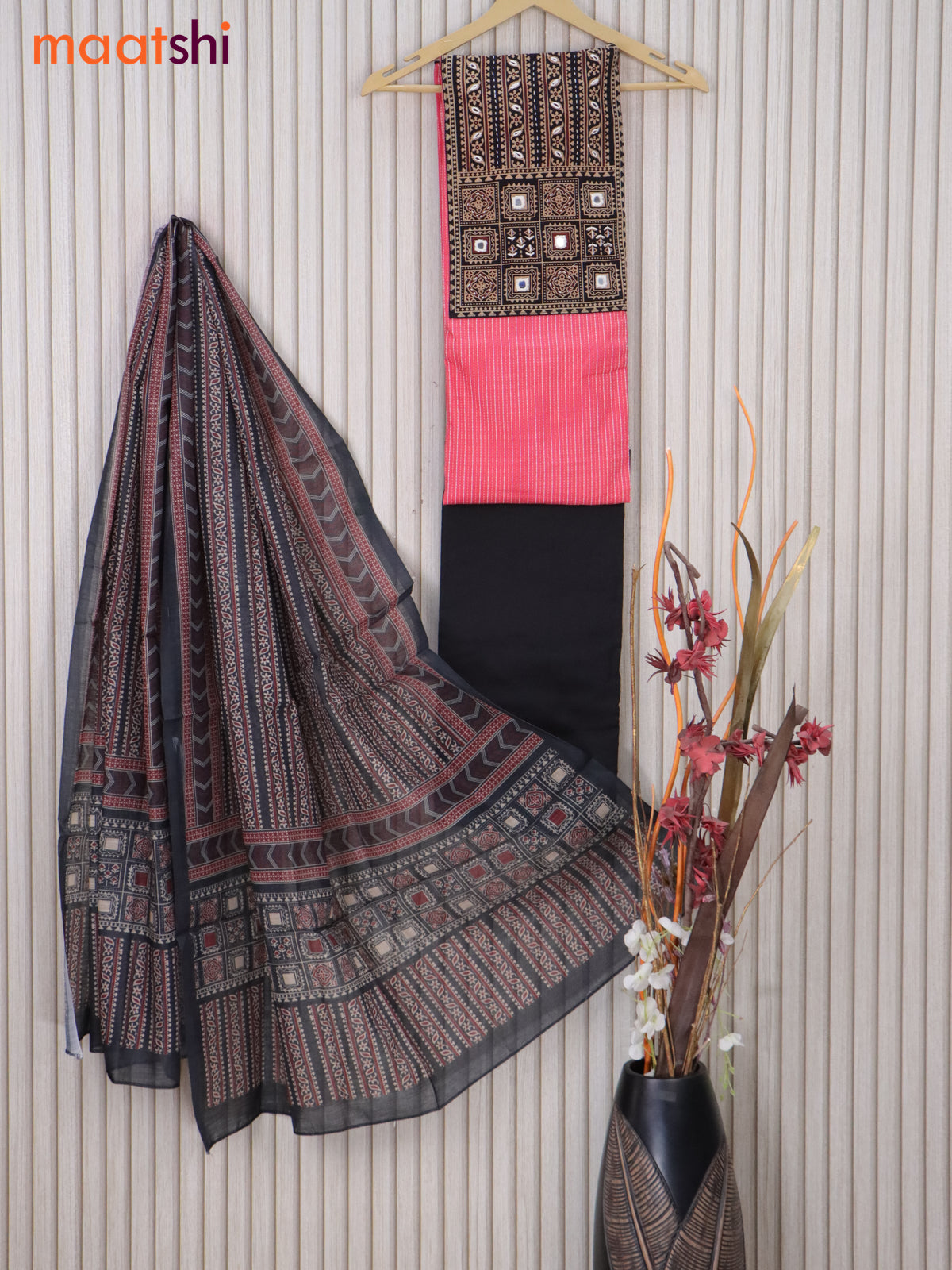 Cotton dress material pink and black with allover thread weaves & ajrakh prints and bottom & printed dupatta