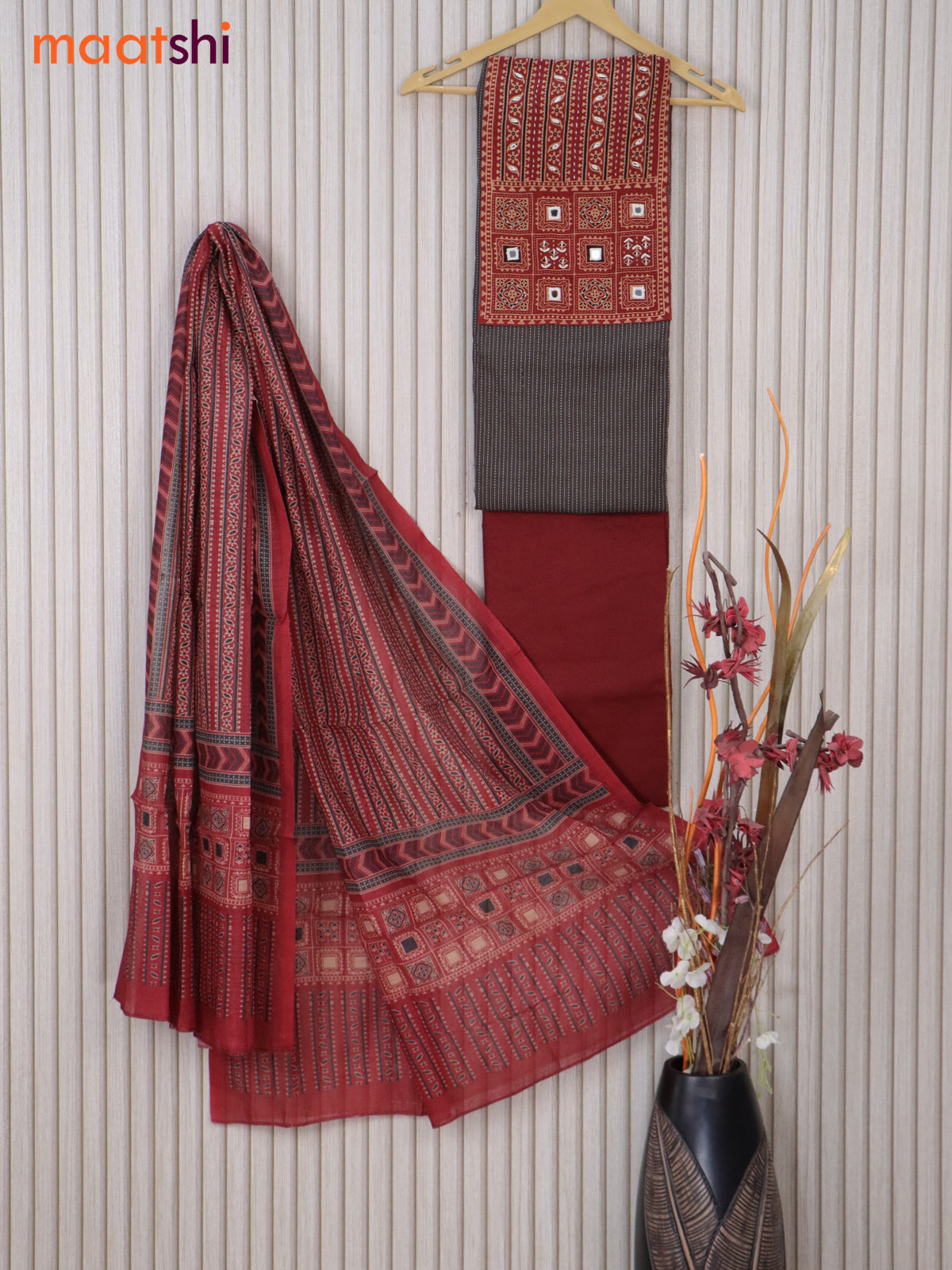 Cotton dress material dark brown and maroon with allover thread weaves & ajrakh prints and bottom & printed dupatta