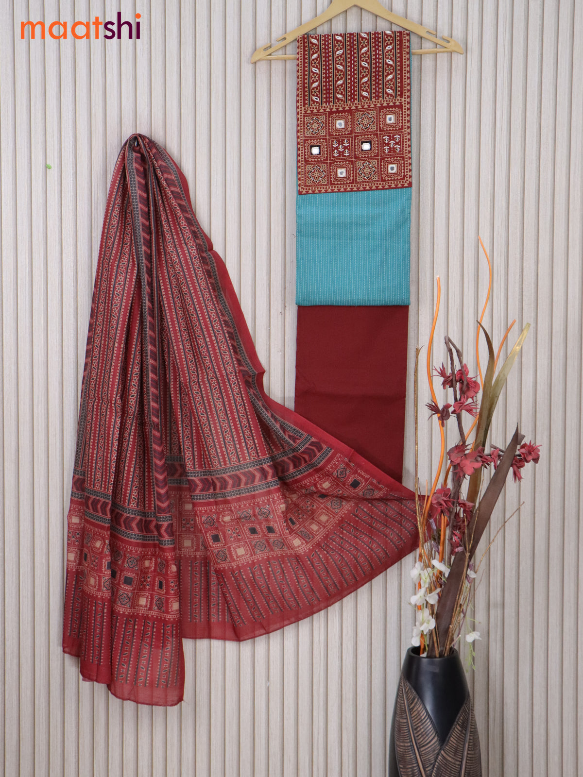 Cotton dress material pastel blue and maroon with allover thread weaves & ajrakh prints and bottom & printed dupatta