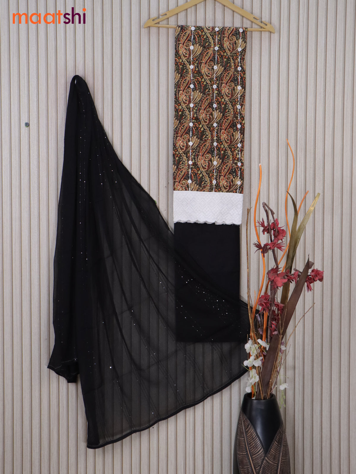 Cotton dress material black and off white with allover prints & embroidery work and bottom & chiffon sequin work dupatta