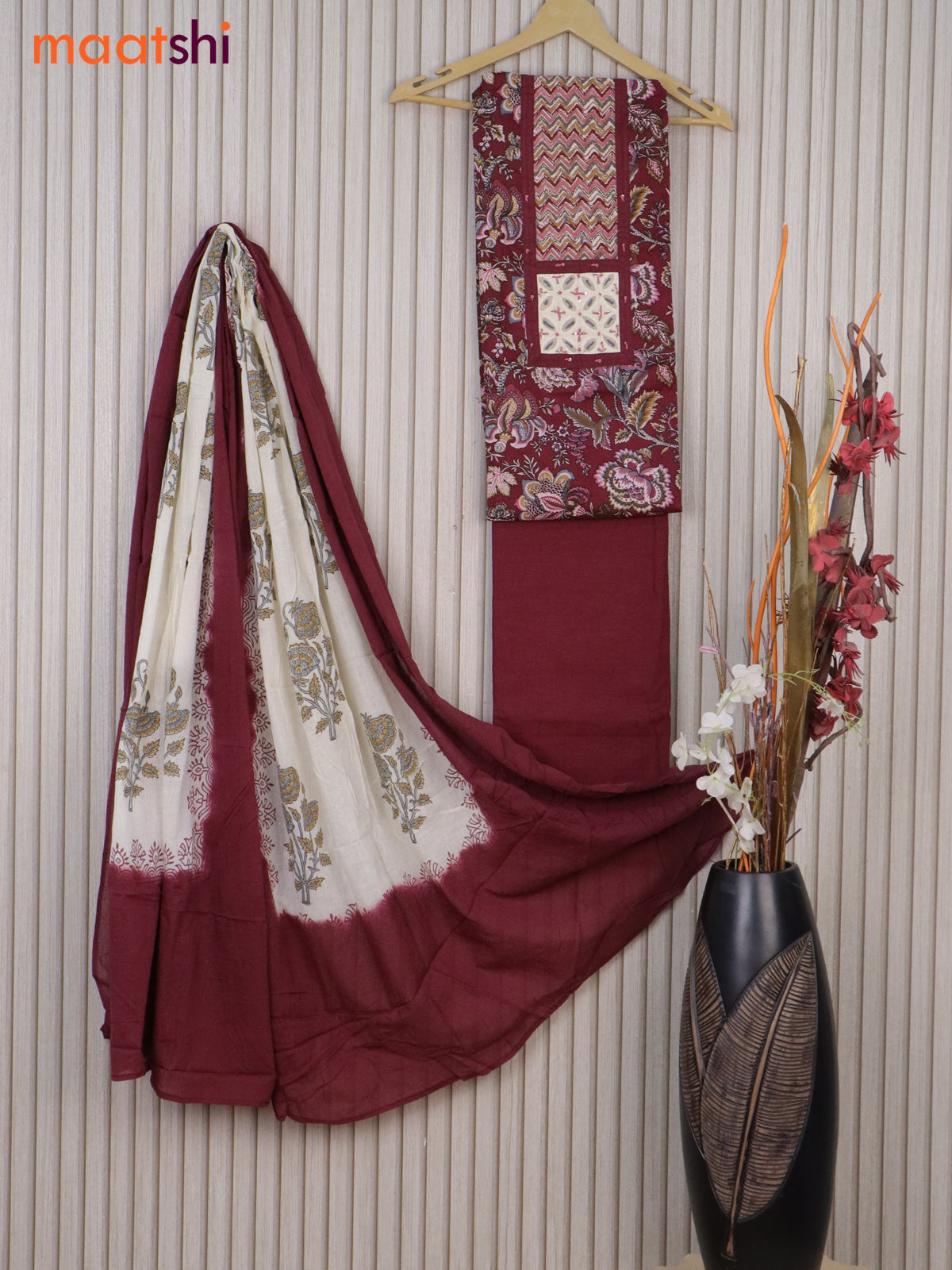 Cotton dress material maroon with allover prints & patch work neck pattern and bottom & cotton dupatta