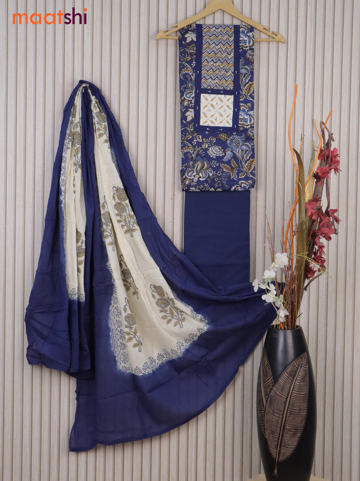 Cotton dress material dark blue with allover prints & patch work neck pattern and bottom & cotton dupatta