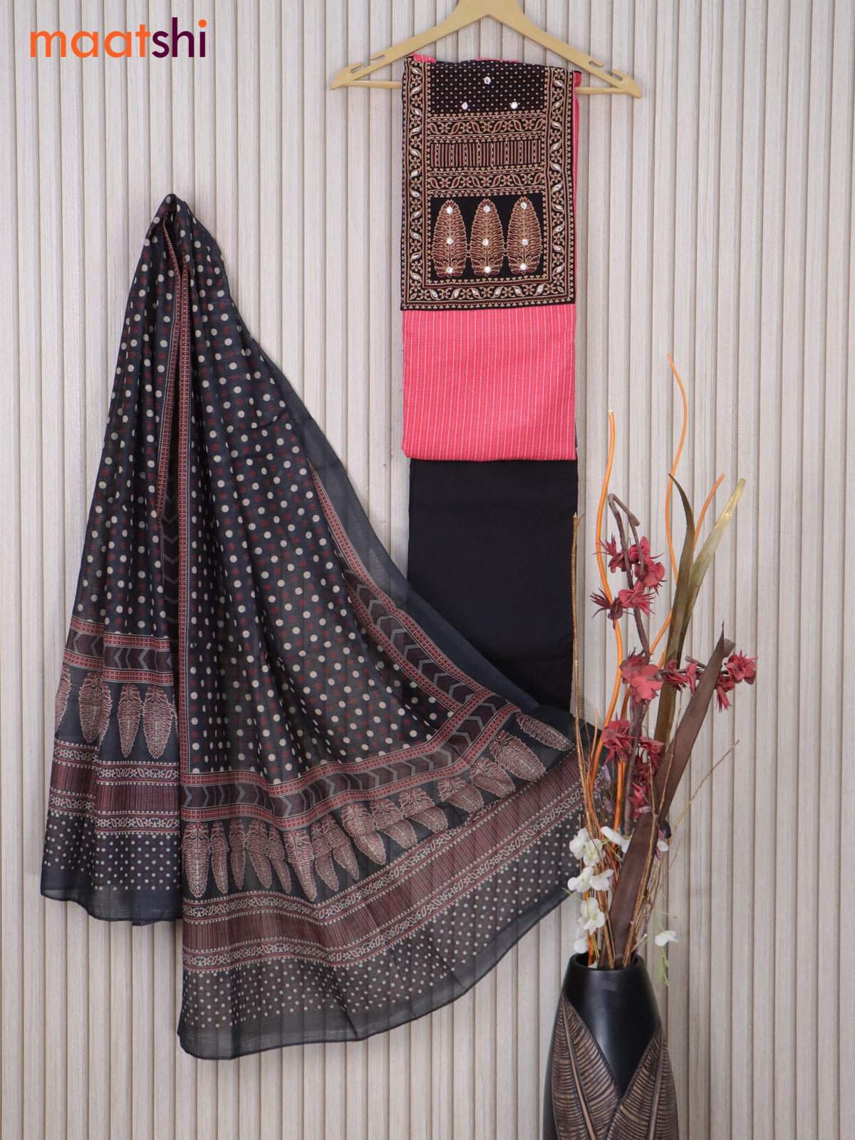 Cotton dress material pink and black with allover thread weaves & printed neck pattern and bottom & printed dupatta