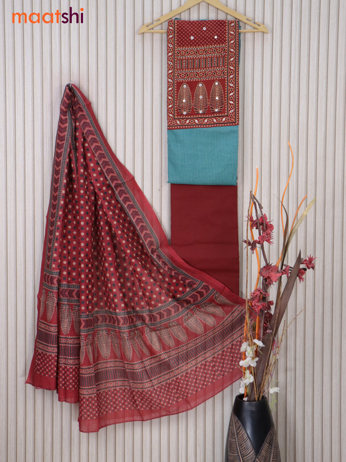 Cotton dress material pastel blue and maroon with allover thread weaves & printed neck pattern and bottom & printed dupatta