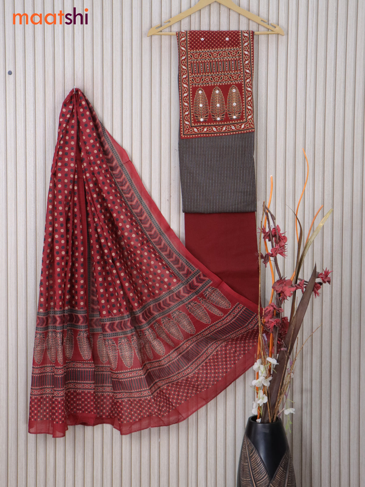 Cotton dress material brown and maroon with allover thread weaves & printed neck pattern and bottom & printed dupatta