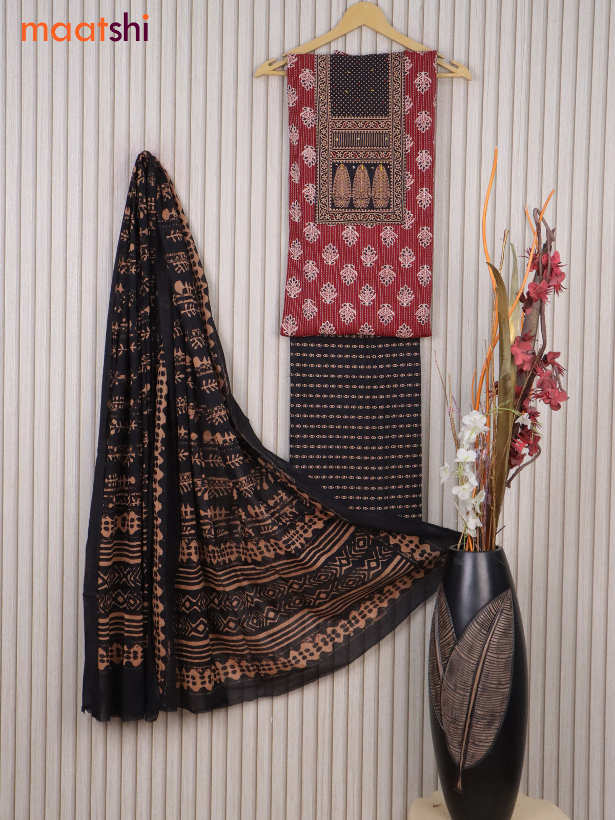 Cotton dress material maroon and maroon with allover butta prints & patch work neck pattern and bottom & cotton dupatta