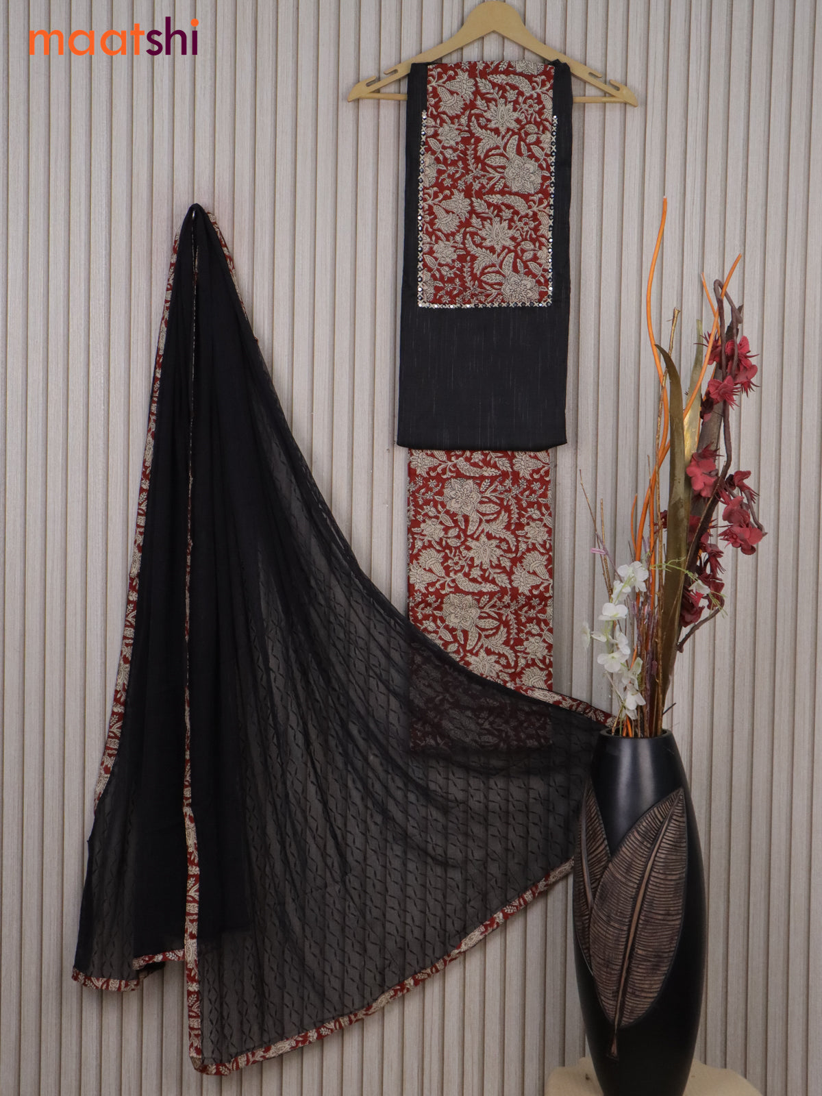 Cotton dress material black and maroon with plain body & embroidery mirror work neck pattern and bottom & chiffon dupatta