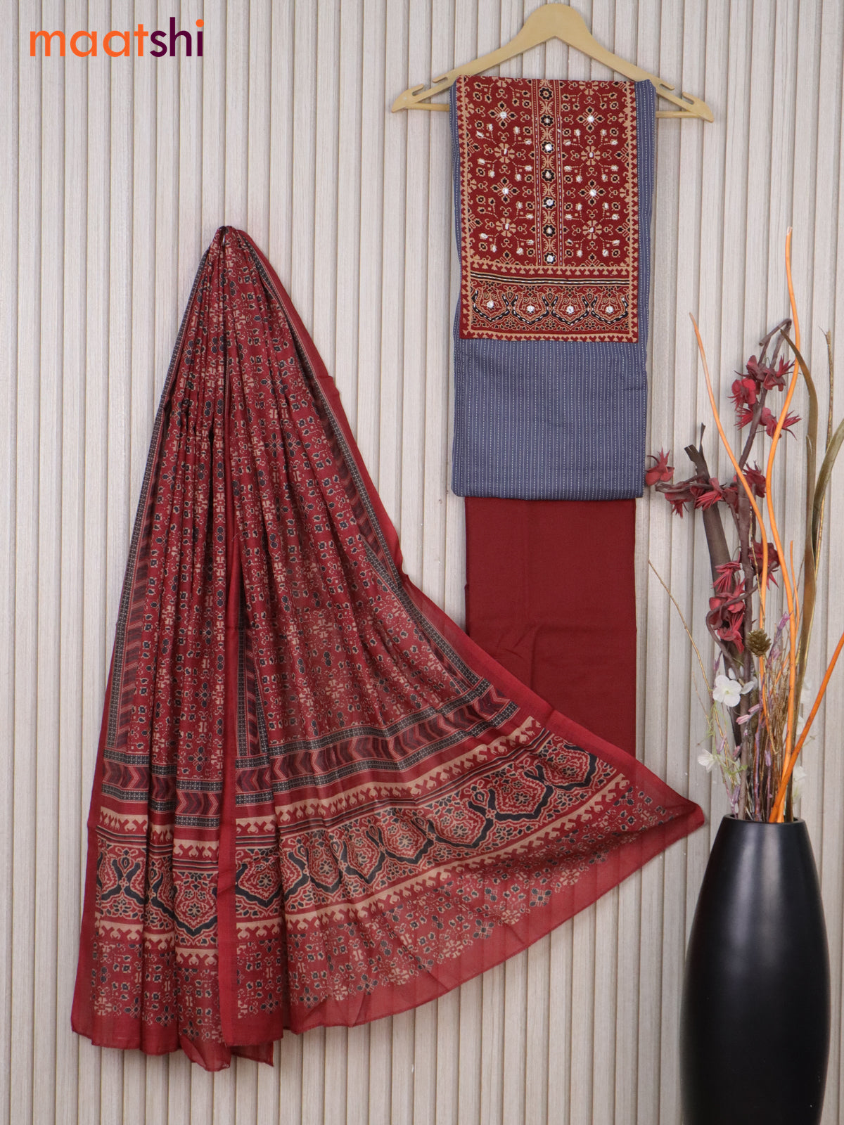 Cotton dress material grey and maroon with allover thread weaves & patch work neck pattern and bottom & cotton dupatta