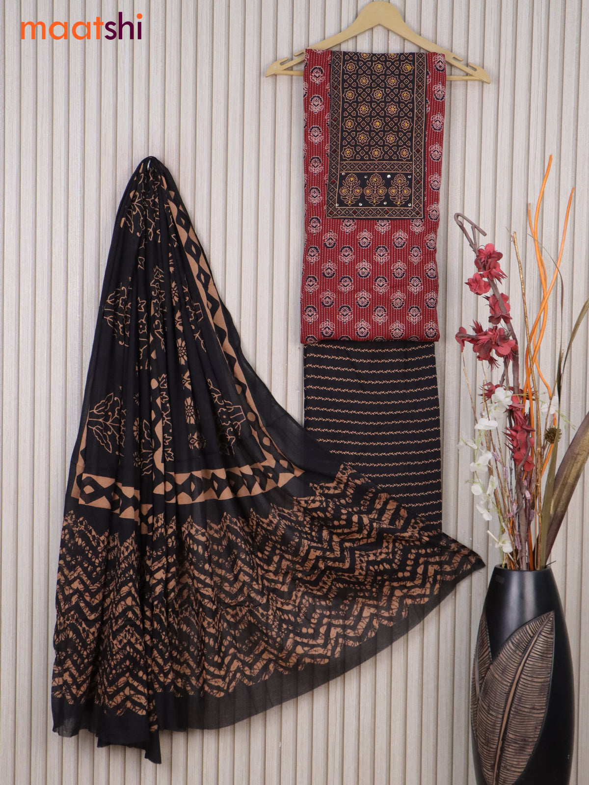 Cotton dress material maroon and black with allover thread weaves & buttas and bottom & cotton dupatta