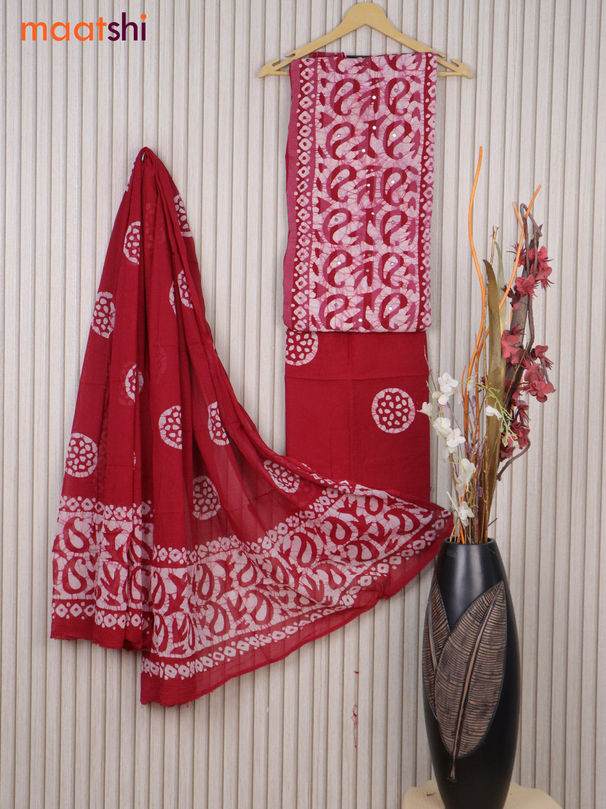 Cotton dress material off white and red with allover batik prints & mirror work and bottom & cotton dupatta