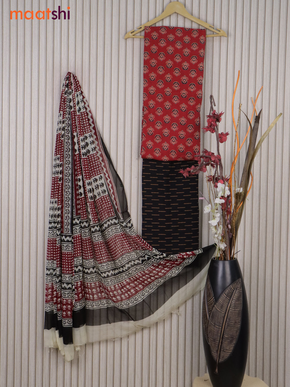 Cotton dress material maroon and black with allover prints and bottom & chiffon dupatta