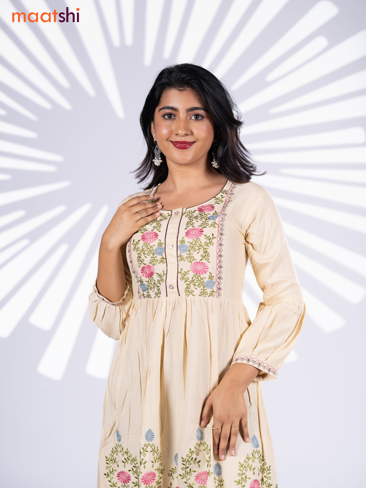 Cotton umbrella short kurti cream with plain body & embroidery work neck pattern without bottom