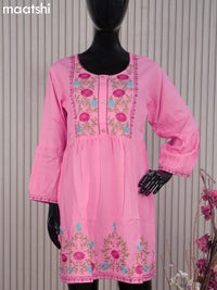 Cotton readymade umbrella short kurti light pink with plain body & embroidery work neck pattern without bottom