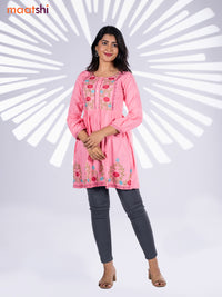 Cotton umbrella short kurti light pink with plain body & embroidery work neck pattern without bottom