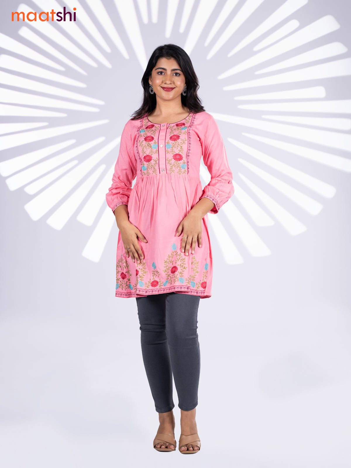 Cotton umbrella short kurti light pink with plain body & embroidery work neck pattern without bottom