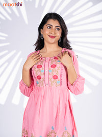 Cotton umbrella short kurti light pink with plain body & embroidery work neck pattern without bottom