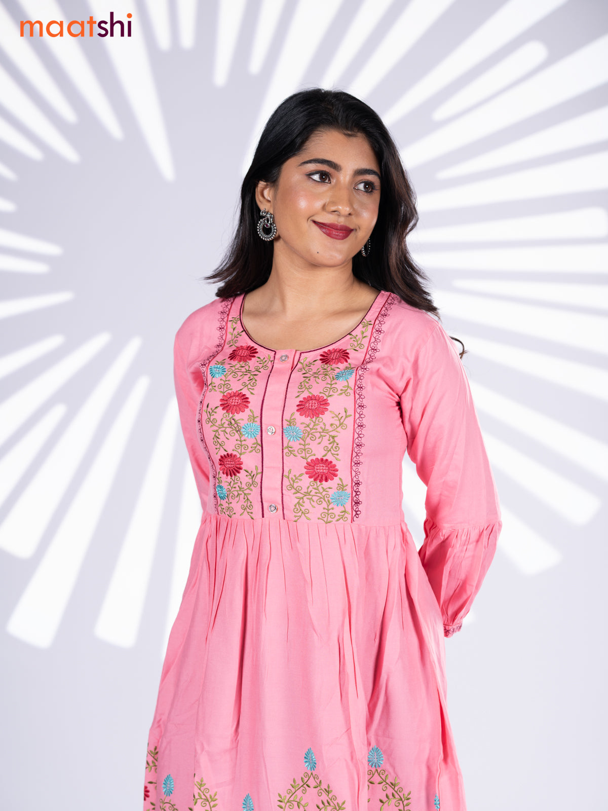 Cotton umbrella short kurti light pink with plain body & embroidery work neck pattern without bottom