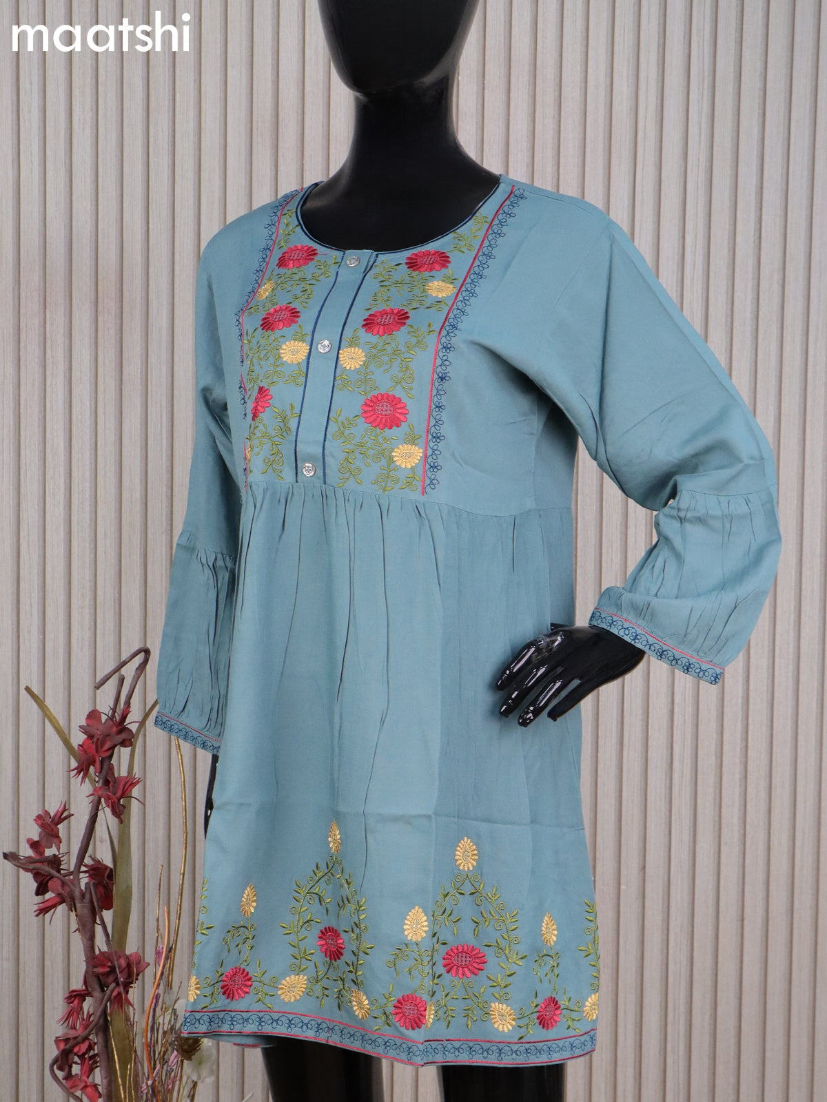 Cotton readymade umbrella short kurti pastel shade with plain body & embroidery work neck pattern without bottom