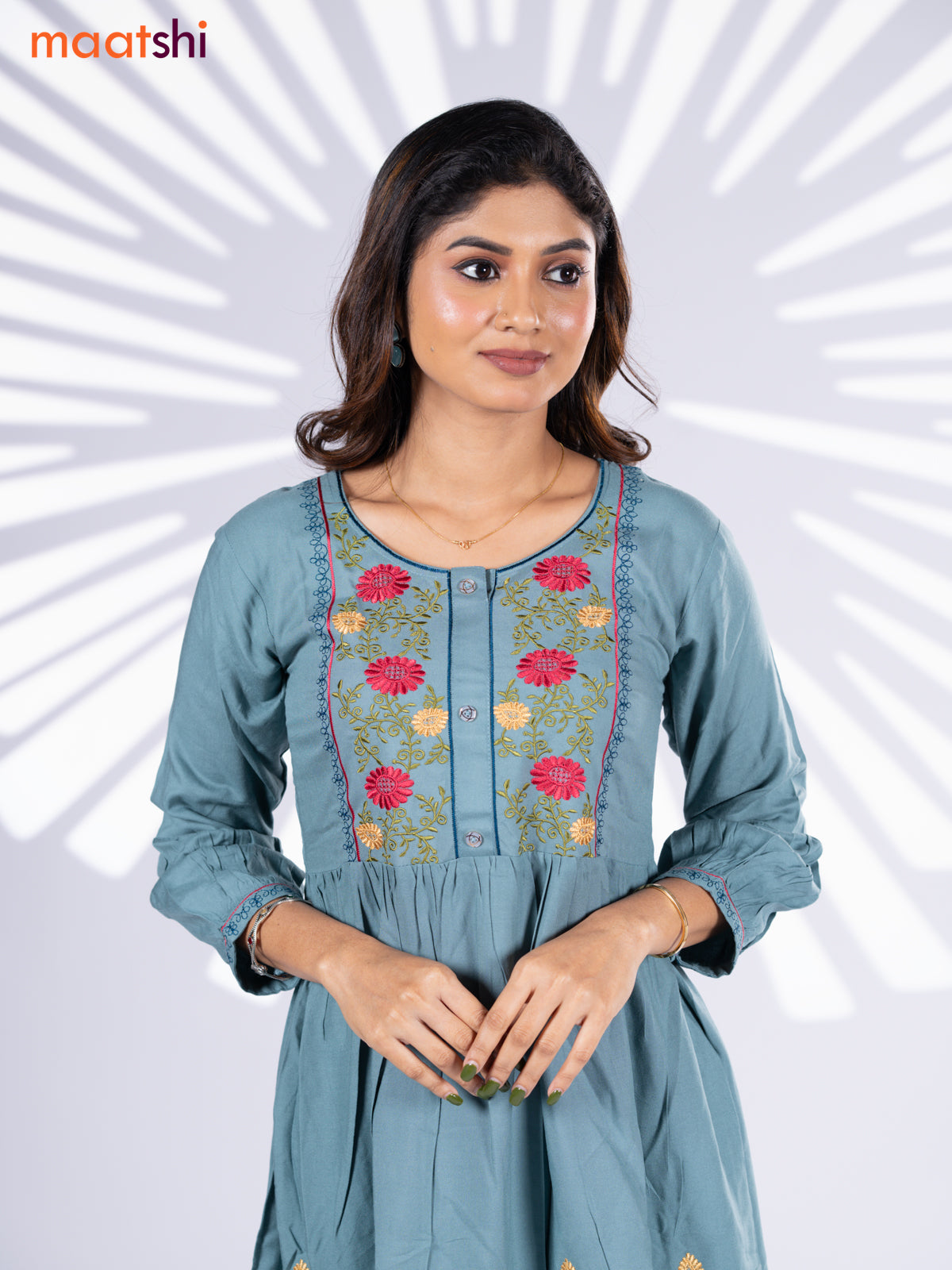 Cotton umbrella short kurti pastel shade with plain body & embroidery work neck pattern without bottom