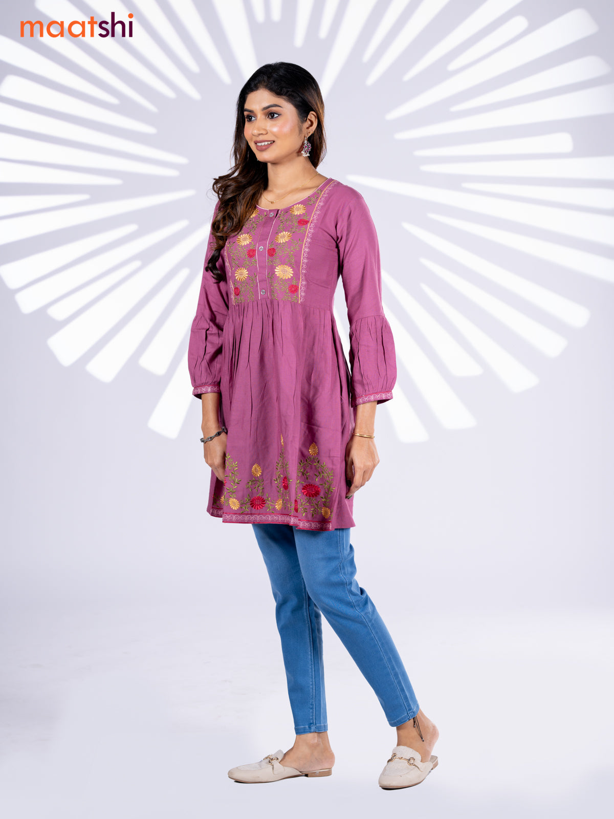 Cotton umbrella short kurti onion pink with plain body & embroidery work neck pattern without bottom