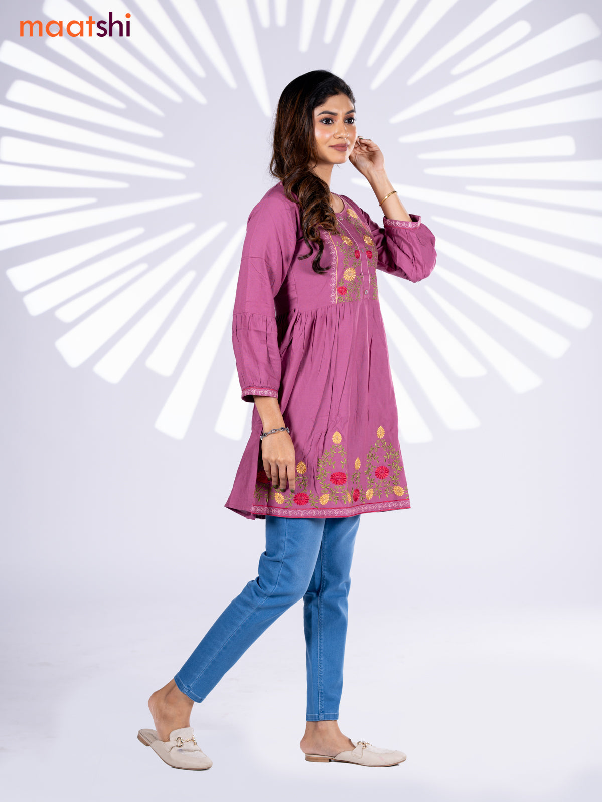 Cotton umbrella short kurti onion pink with plain body & embroidery work neck pattern without bottom