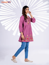 Cotton umbrella short kurti onion pink with plain body & embroidery work neck pattern without bottom