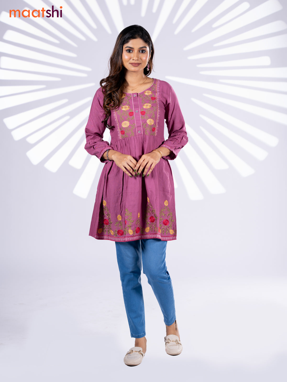 Cotton umbrella short kurti onion pink with plain body & embroidery work neck pattern without bottom